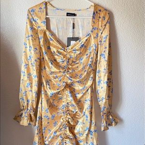 Yellow satin ditsy floral ruched body con dress